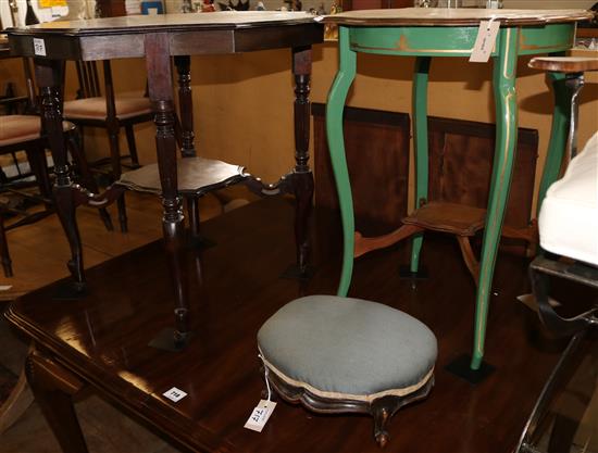 Victorian walnut oval footstool , Edwardian circular mahog occasional table ,painted frieze & late Vic mahog table with top(-)